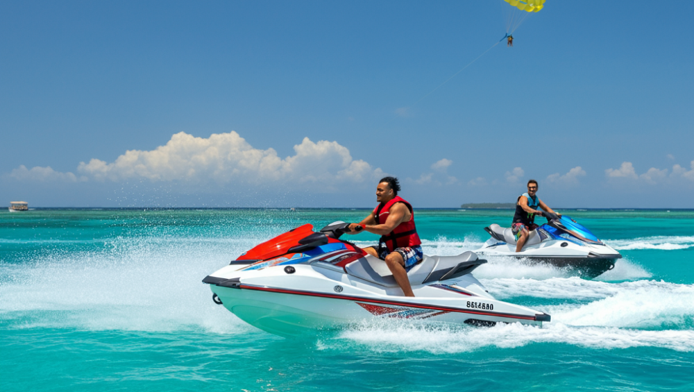 two tourists jet skiing in Zanzibar