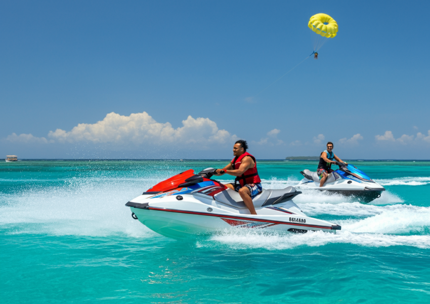 two tourists jet skiing in Zanzibar