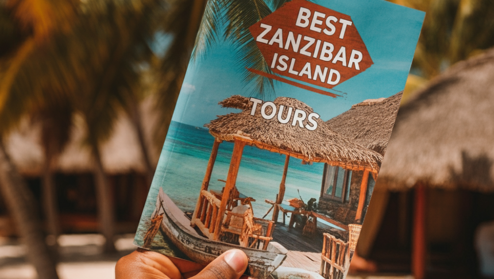 A hand holding a guide to Tours in Zanzibar