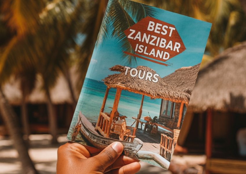 A hand holding a guide to Tours in Zanzibar